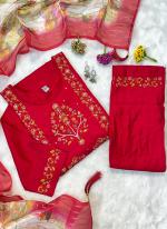 Pure Muslin Red Festival Wear Hand Work Readymade 3 Pcs Kurti 